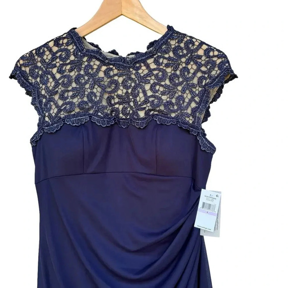 NWT Alex Evenings Draped Evening Dress in Navy w/ Metallic Lace Cut-Out Size 6 - Picture 4 of 10